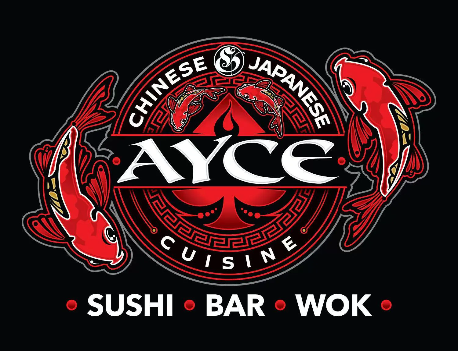 AYCE Bar & Wok logo with koi fish and Chinese/Japanese cuisine text
